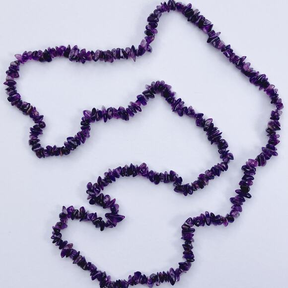 VTG Y2K Amethyst Chip Necklace 36" Natural Purple Gemstone Boho Strand Jewelry - Picture 3 of 16